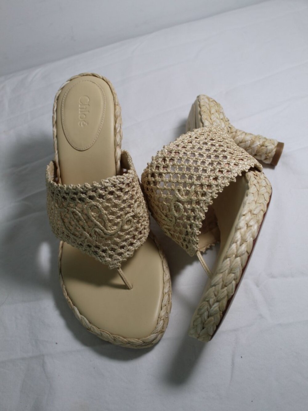 NEW Chloe Isla Crochet Heeled Sandals Heels Raffia Logo Thong Sandals Mules 40